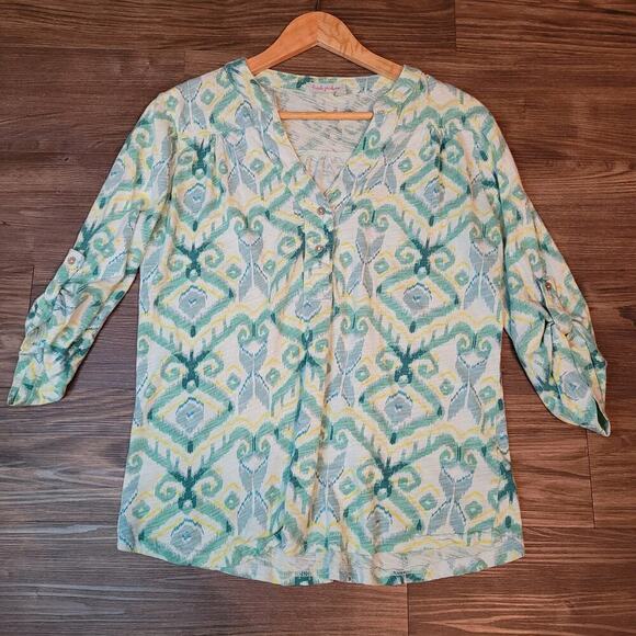 Fresh Produce Womens All Over Print Blouse Top M Blue Green V-Neck Button Cotton - Picture 1 of 7